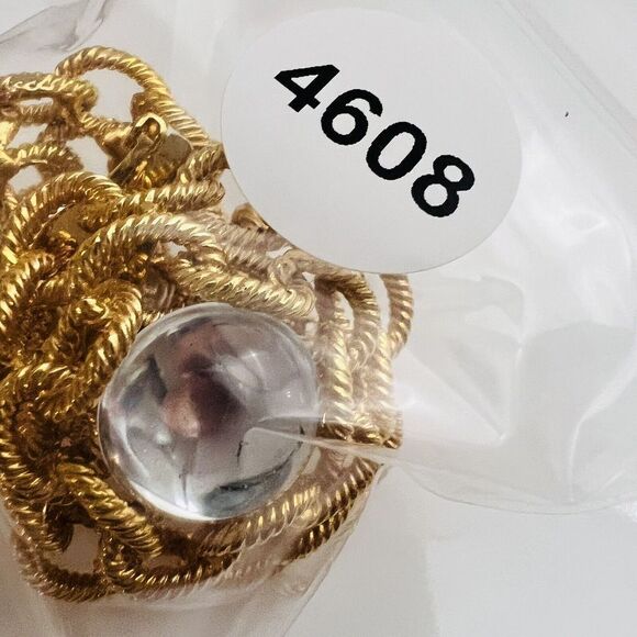 Vintage Large Clear Cabochon Earrings 3d Gold Textured Chain Rope Clip On 4608 - Picture 10 of 10